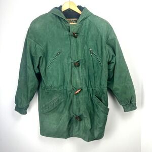 VTG Colebrook Kelly Green Leather Toggle Hooded Parka Jacket S Blanket Lined 90s